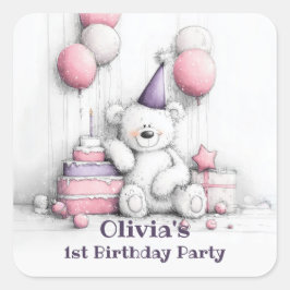 Niedlicher Pink Teddy Bear 1. Geburtstag Umschlag  Quadratischer Aufkleber