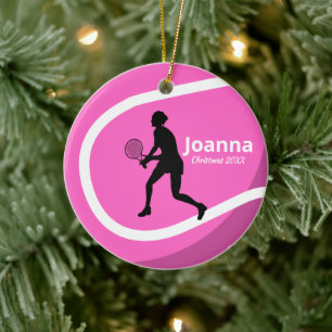 Niedlicher Pink Tennis Ball & Girl Player Trainer Keramik Ornament