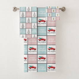 Niedlicher Pink und Blau Weihnachtsmuster Baumhütt Badhandtuch Set