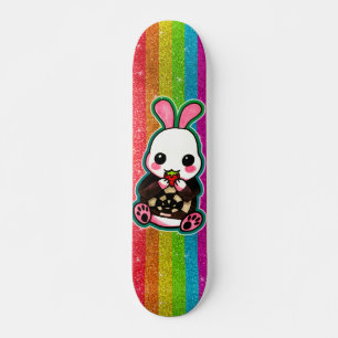 Niedlicher Pink und Weiß Kaninchen Rainbow Glitzer Skateboard