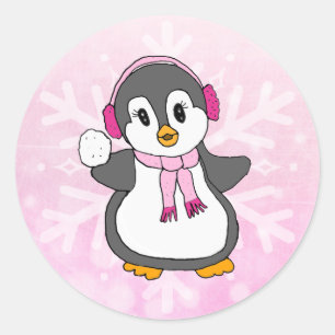 Niedlicher Pink WeihnachtsPenguin mit Snowball Hol Runder Aufkleber