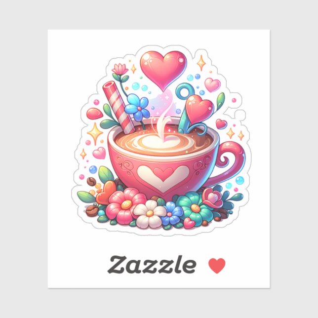 Niedlicher Pink Whimsical Kaffee & Herz Aufkleber (Blatt)