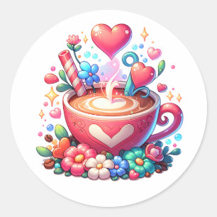 Niedlicher Pink Whimsical Kaffee & Herz Runder Aufkleber