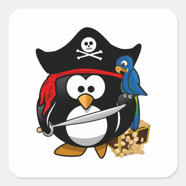 Niedlicher Piratenpinguin mit Schatztruhe Quadratischer Aufkleber (Vorderseite)