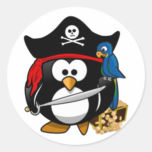 Niedlicher Piratenpinguin mit Schatztruhe Runder Aufkleber