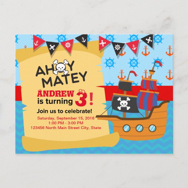 Niedlicher Piratenschiff-Bundjungen Geburtstag Postkarte (Vorderseite)