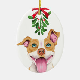 Niedlicher Pitbull Hund unter dem Mistelzweig Keramik Ornament