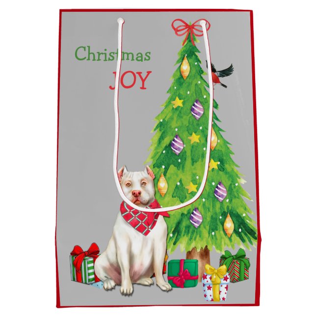 Niedlicher Pitbull und Weihnachtsbaum Mittlere Geschenktüte (Rückseite)