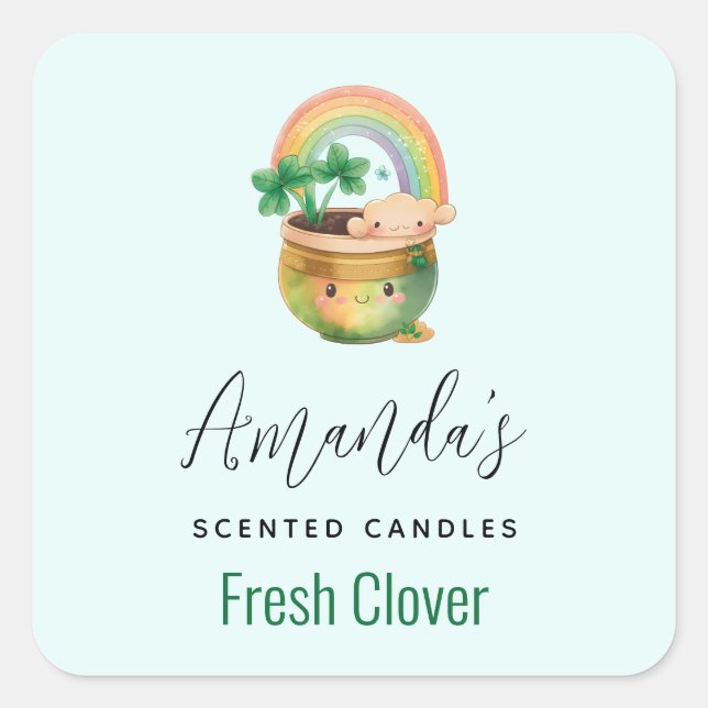 Niedlicher Planter mit Regenbogen und Clover Candl Quadratischer Aufkleber (Vorderseite)