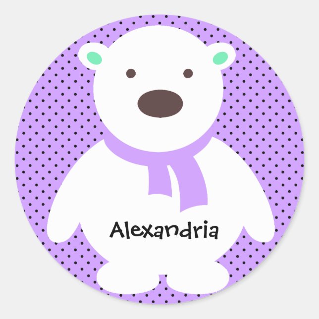 Niedlicher Polar-Bär auf Lilac, Name hinzufügen Runder Aufkleber (Vorderseite)