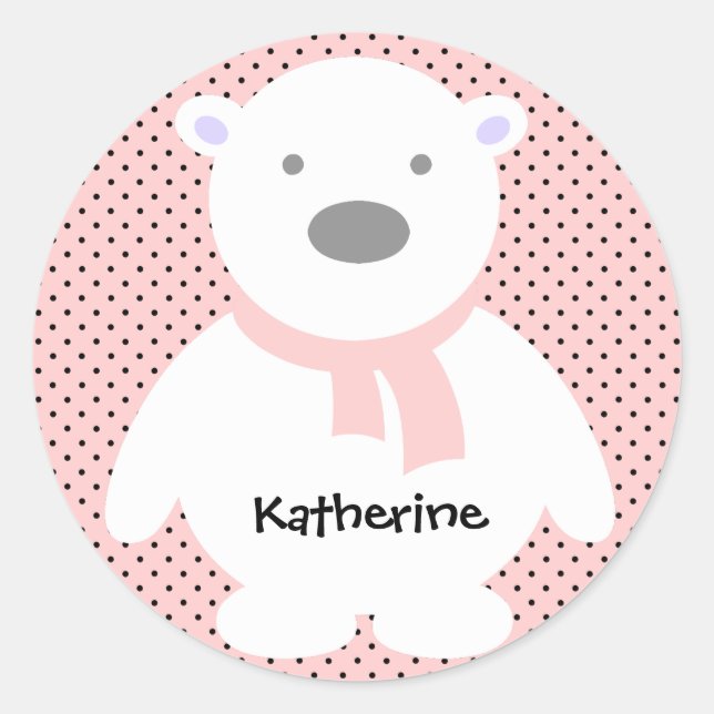 Niedlicher Polar-Bär auf Rosa, Name hinzufügen Runder Aufkleber (Vorderseite)