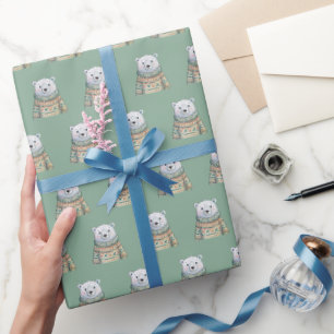 Niedlicher Polar Bär auf Sage Green Christmas Patt Geschenkpapier