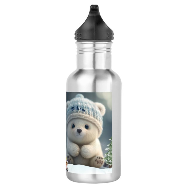 Niedlicher Polar-Bär in Snow Blue Hat Personalisie Edelstahlflasche (Rechts)