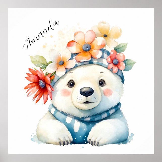 Niedlicher Polar-Bär mit Blume Poster (Vorne)