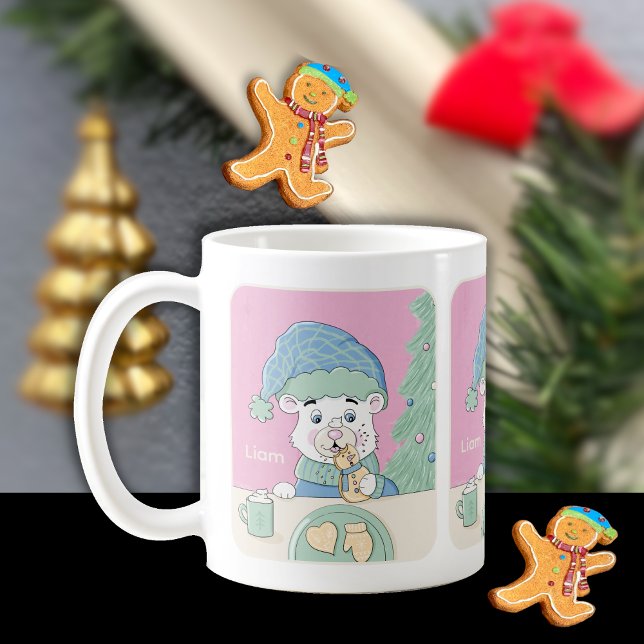 Niedlicher Polar Bär mit Cookie Kid Holiday Tasse (Festive Holiday mug with name .)