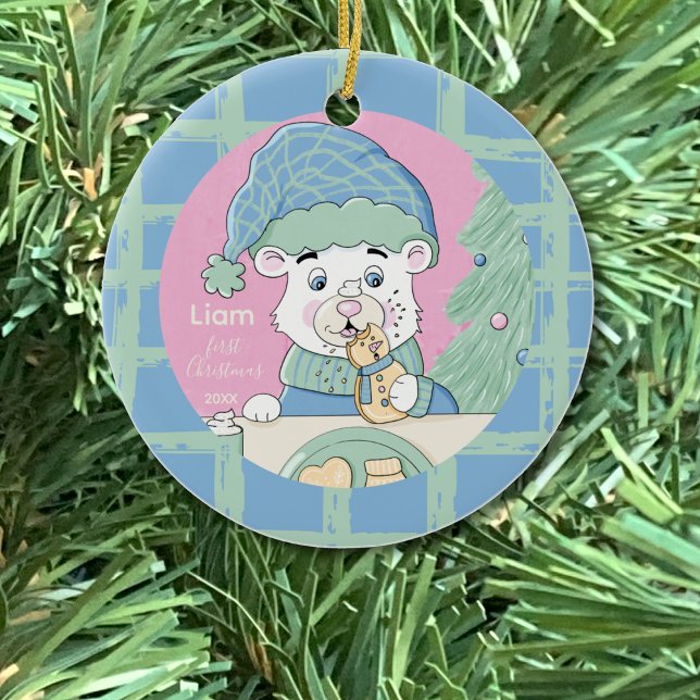 Niedlicher Polar Bär mit Keks 1. Weihnachtsdekorat Keramik Ornament (Ornament on a tree .)