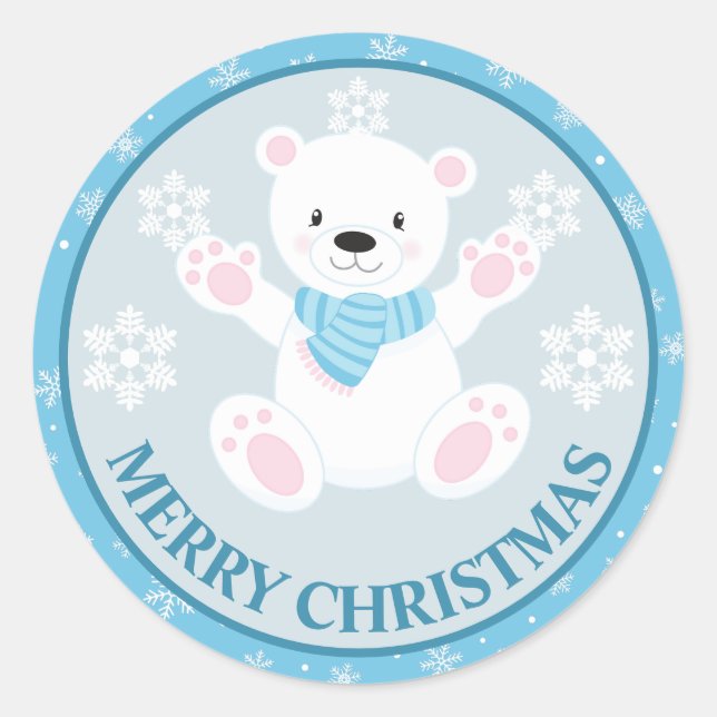 Niedlicher Polar Bär und Schneeflocken Blauer Weih Runder Aufkleber (Vorderseite)