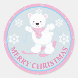 Niedlicher Polar Bär und Schneeflocken Rosa Weihna Runder Aufkleber
