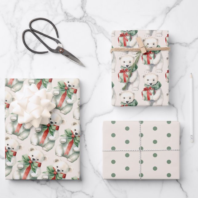 Niedlicher Polar Bär Wasserfarbe Grün/Weiß Geschenkpapier Set (Vorderseite)