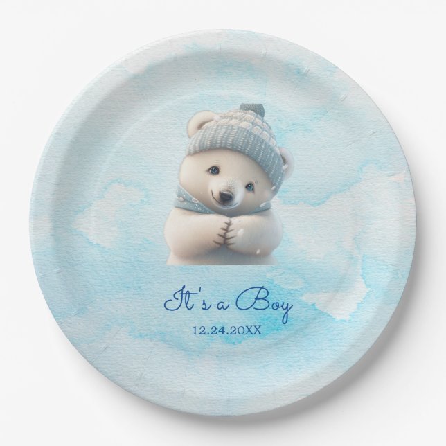 Niedlicher Polar Bear Winter Blue Baby Dusche sein Pappteller (Vorderseite)