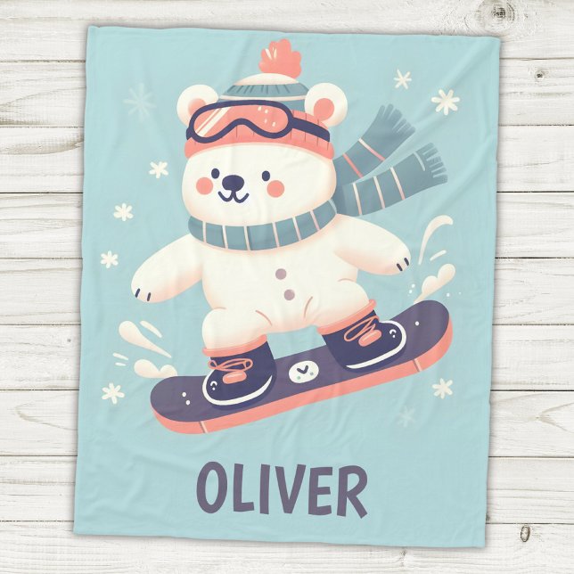 Niedlicher Polarbär auf Snowboard Personalisiert Fleecedecke (Von Creator hochgeladen)