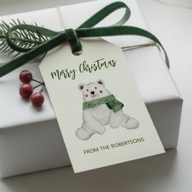 Niedlicher Polarbär mit grünem Scarf Weihnachten Geschenkanhänger (Von Creator hochgeladen)