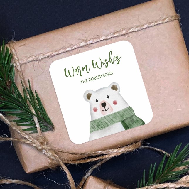Niedlicher Polarbär mit grünem Scarf Weihnachten Quadratischer Aufkleber (Von Creator hochgeladen)