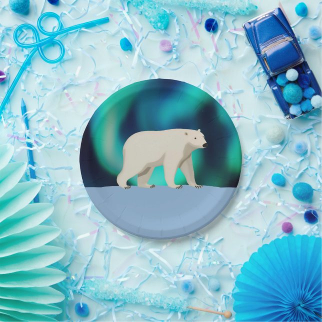 Niedlicher Polarbär und Nordlichter Pappteller (Party)