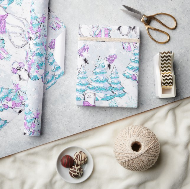 Niedlicher Polarbär und Pinguin Geschenkpapier (Kunsthandwerk)