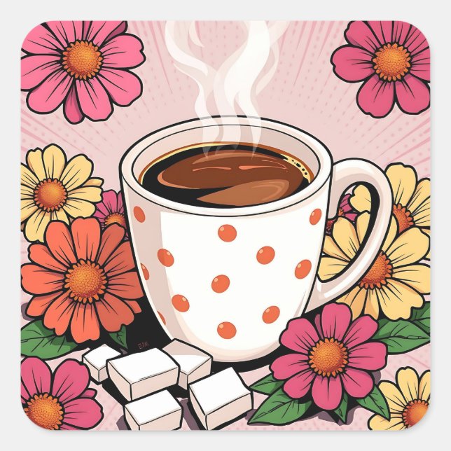 Niedlicher Polka Dot Kaffee Cup und Blume Quadratischer Aufkleber (Vorderseite)