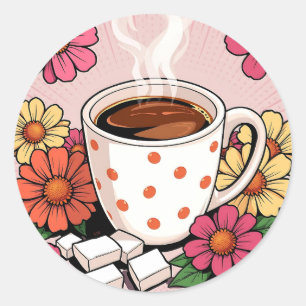 Niedlicher Polka Dot Kaffee Cup und Blume Runder Aufkleber