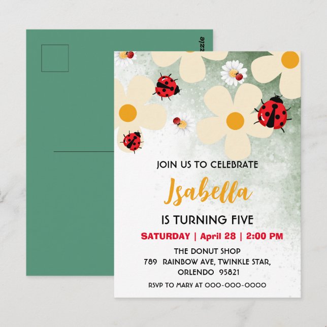 Niedlicher Polka dot Ladybug Daisy Blume Geburtsta Postkarte (Vorne/Hinten)