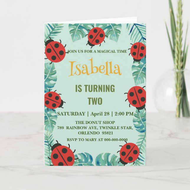 Niedlicher Polka dot Ladybug Jungle Verließ Geburt Einladung (Vorderseite)