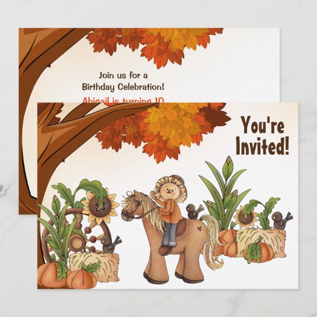 Niedlicher Pony und Scarecrow Herbstpferd Einladung (Vorne/Hinten)