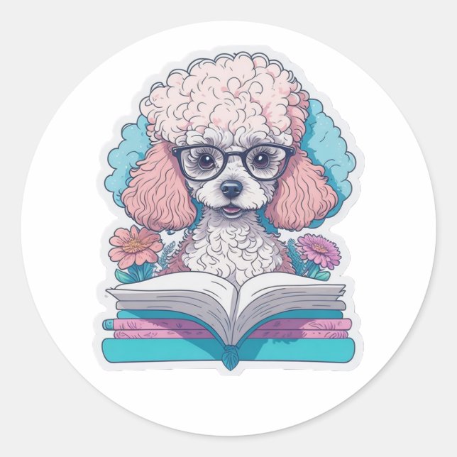 Niedlicher Poodle beim Lesen eines Buches Runder Aufkleber (Vorderseite)