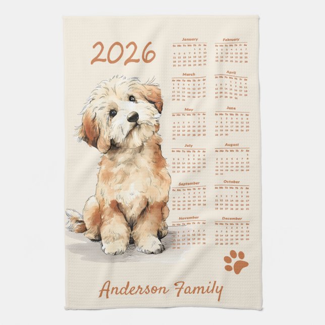 Niedlicher Poodle Dog 2026 Kalender Geschirrtuch (Vertikal)
