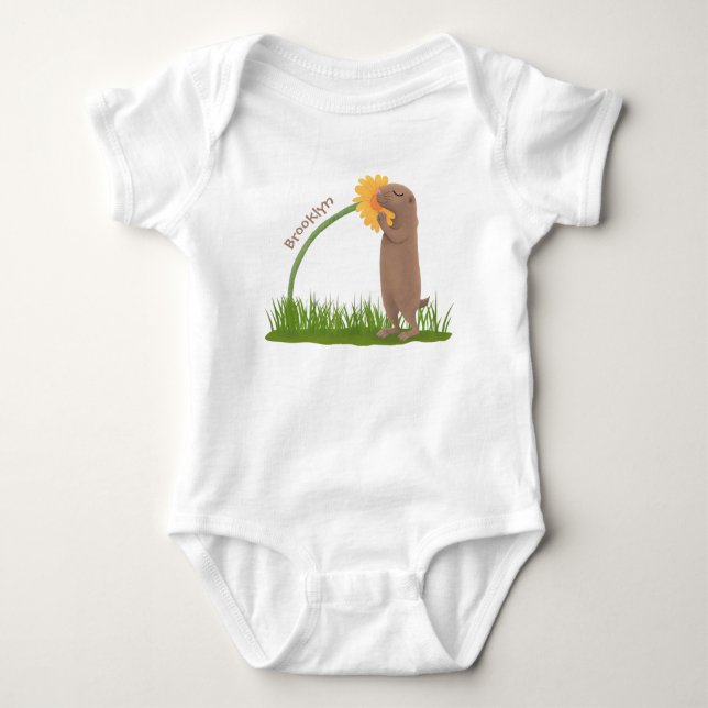 Niedlicher Präriehund schnüffelt Blume Cartoon Baby Strampler (Vorderseite)