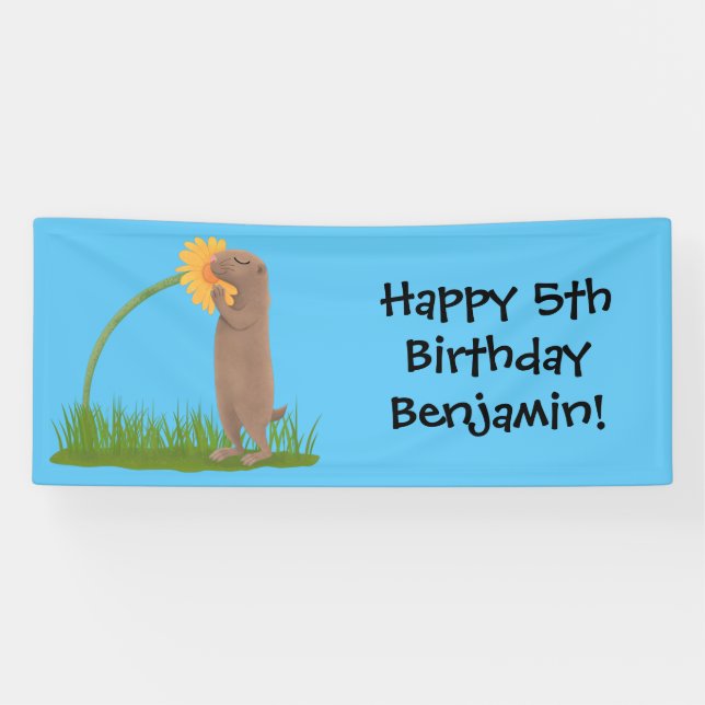 Niedlicher Präriehund schnüffelt Blume Cartoon Banner (Horizontal)