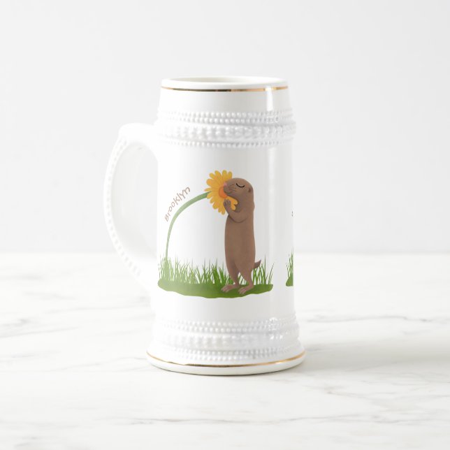 Niedlicher Präriehund schnüffelt Blume Cartoon Bierglas (Vorderseite Links)