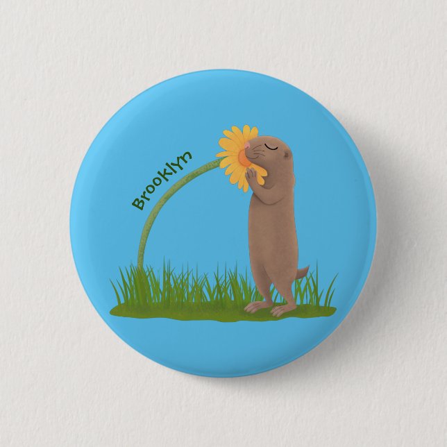 Niedlicher Präriehund schnüffelt Blume Cartoon Button (Vorderseite)