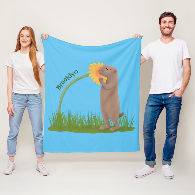 Niedlicher Präriehund schnüffelt Blume Cartoon Fleecedecke (Beispiel)