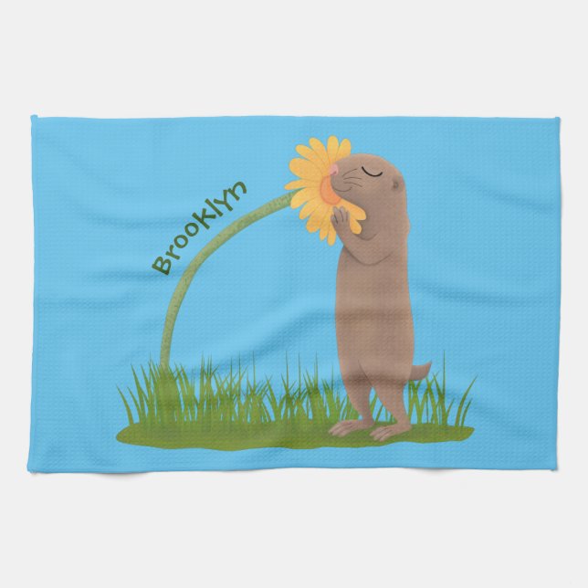 Niedlicher Präriehund schnüffelt Blume Cartoon Geschirrtuch (Horizontal)