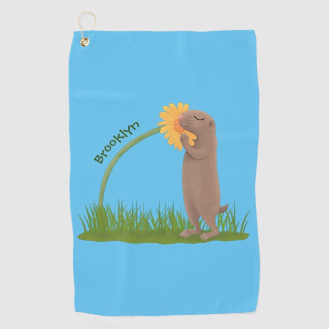 Niedlicher Präriehund schnüffelt Blume Cartoon Golfhandtuch (Vorderseite)