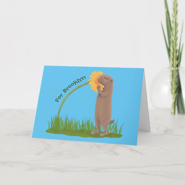 Niedlicher Präriehund schnüffelt Blume Cartoon Karte (Vorderseite)