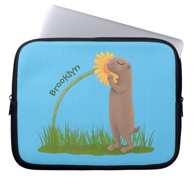 Niedlicher Präriehund schnüffelt Blume Cartoon Laptopschutzhülle (Vorderseite)