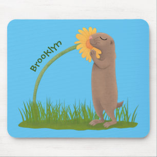 Niedlicher Präriehund schnüffelt Blume Cartoon Mousepad