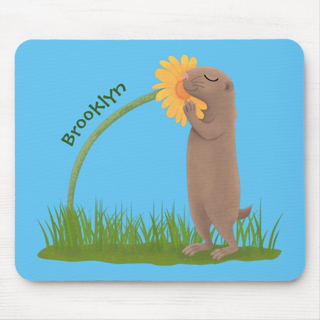 Niedlicher Präriehund schnüffelt Blume Cartoon Mousepad (Vorne)