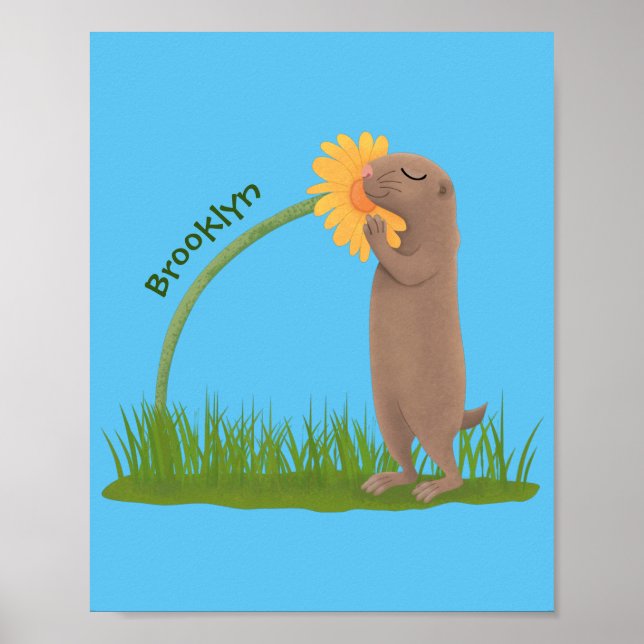 Niedlicher Präriehund schnüffelt Blume Cartoon Poster (Vorne)