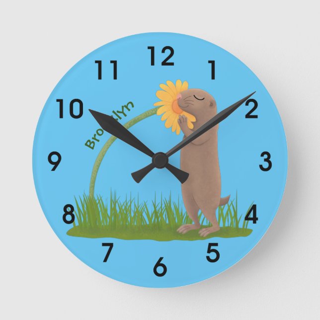 Niedlicher Präriehund schnüffelt Blume Cartoon Runde Wanduhr (Vorderseite)