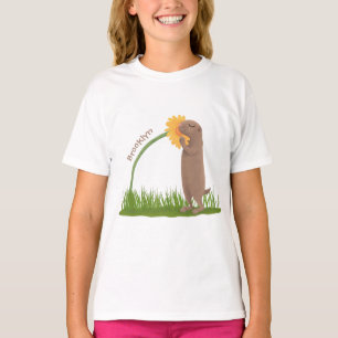Niedlicher Präriehund schnüffelt Blume Cartoon T-Shirt